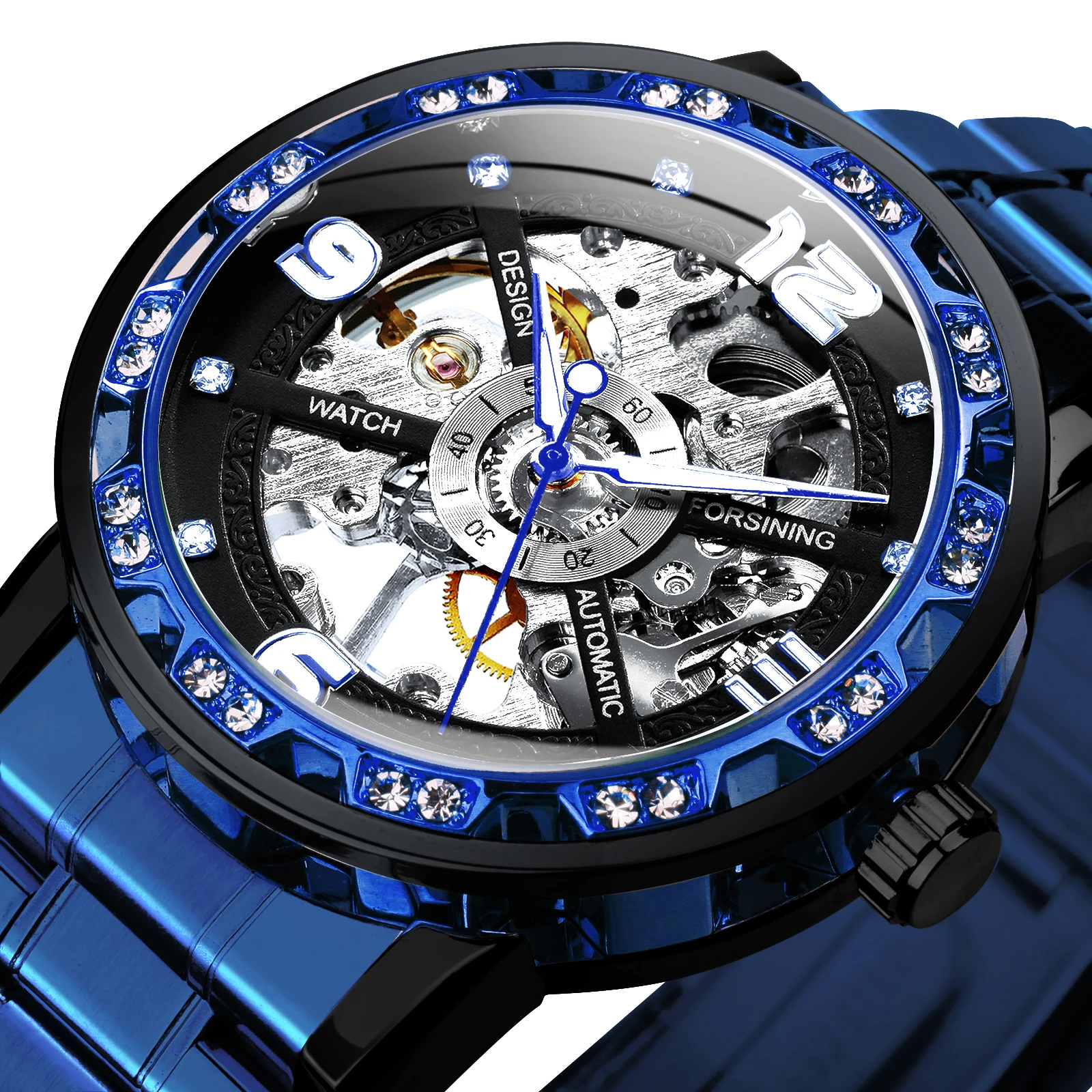 

Forsining Fashion Iced Out Skeleton Mechanical Watches Luminous Hands Top Brand Luxury Watch for Men Blue Stainless Steel Strap