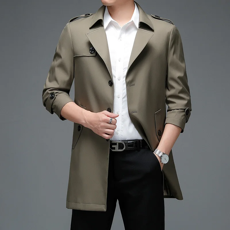 

Men's Korean Style Windbreaker Single-breasted Formal Long Windbreaker Men's Windbreaker Spring and Autumn Solid Color Plus Size