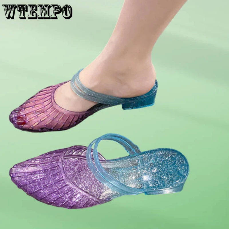 

WTEMPO Jelly Sandals Women's Summer Clear Wedged Shoes Mom Slippers Ladies Slip on Low Heel Sandals for Two Ways To Wear