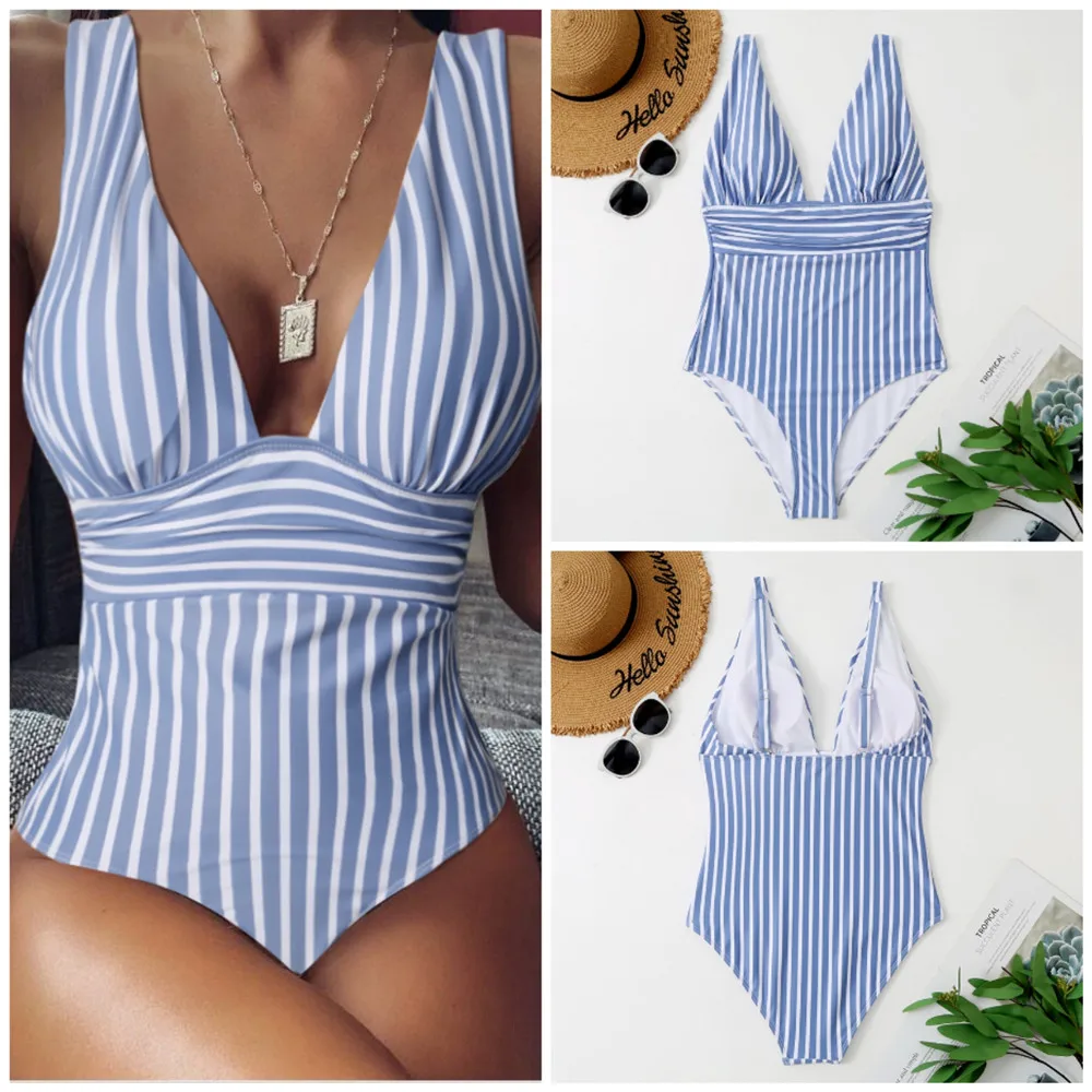 

One-pieces Women's Swimsuit Sexy Blue Striped Bikinis Swimwear Summer Beach Vacation Swimming Suit Beachwear