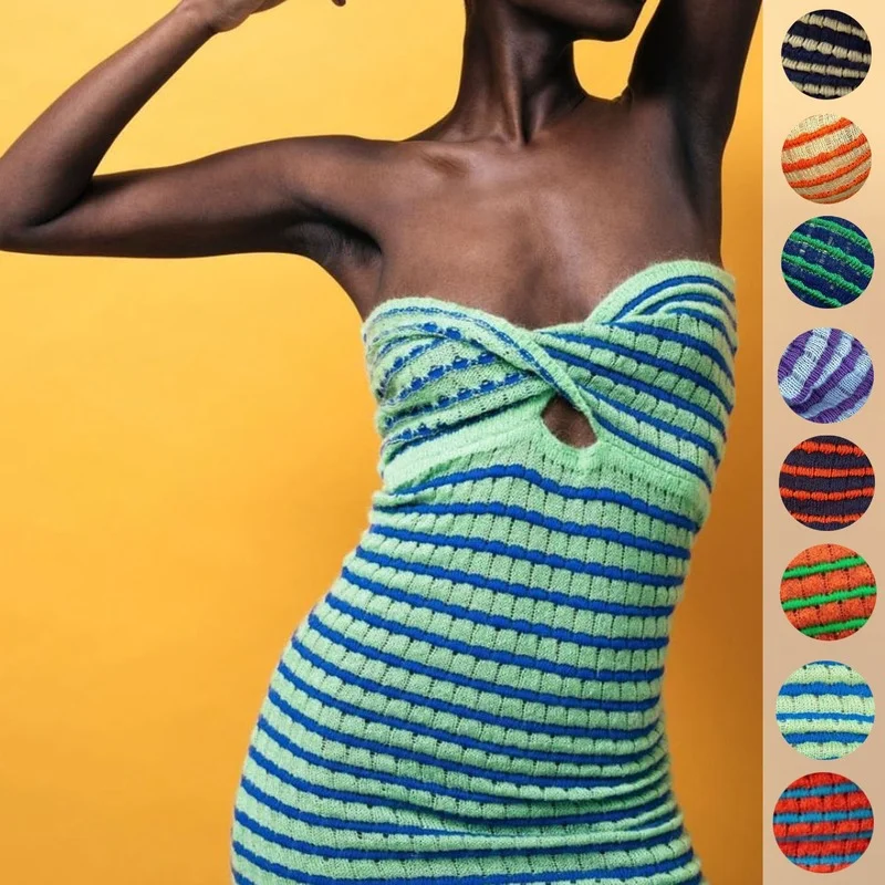 

Sexy Criss-Cross Knitted Strapless Dress Women Summer Dresses 2022 NEW Casual Hollow Out V-Neck Chic Striped Hem Slit Mini Dress