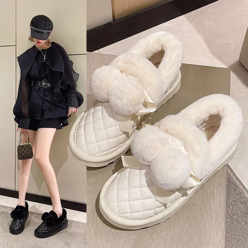 

2022 новые универсальные милые кожаные ботинки на толстой подошве с меховым помпоном Нескользящие толстые теплые женские ботинки