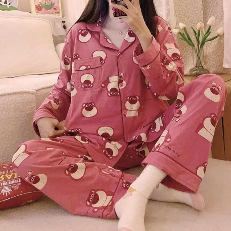 New Pajamas For Women's Autumn And Winter Long Sleeve Cartoon Strawberry Bear Cute Girl Nightwear Female Set 2 Pieces Fashion