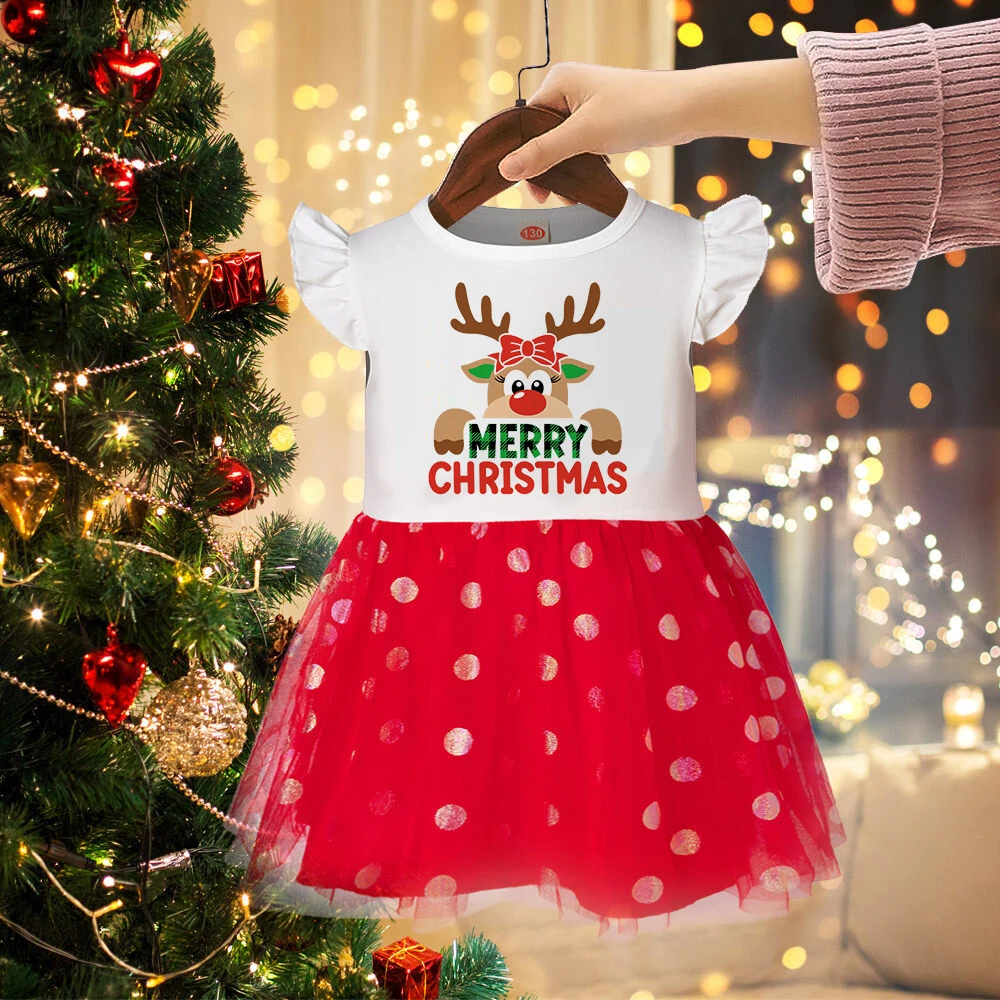 

Merry Christmas Newborn Baby Red Dress Girls Toddler Kids Deer Children Tutu Dresses Little Infant Princess Xmas Party Outfit