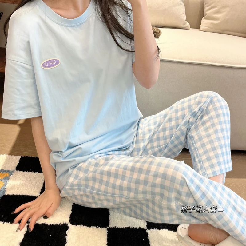 

Pajamas Women’s Summer Plaid Home Service Short-sleeved Cool Feeling Can Be Worn Outside Breathable and Casual Two-piece Suit