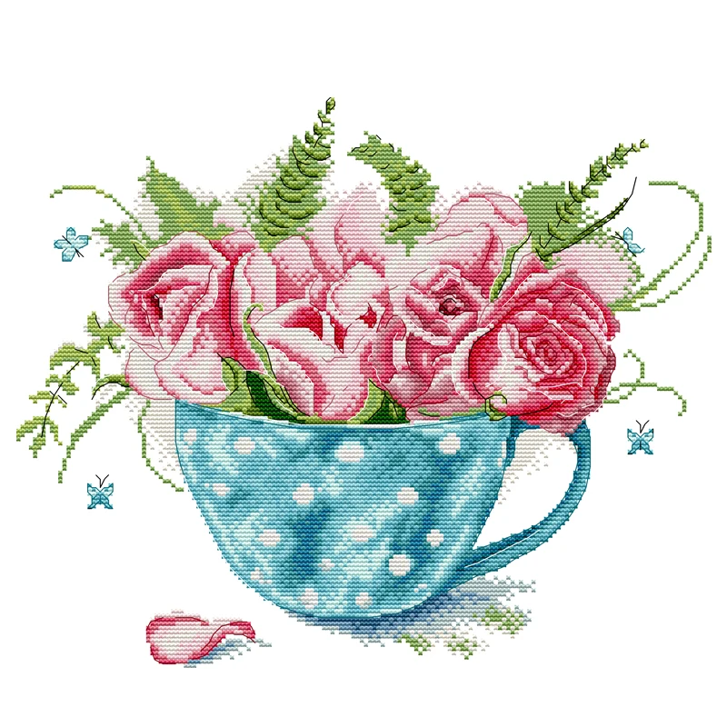 

Joy Sunday Rose in Cup 11CT 14CT Print Cross Stitch Kits Stamped Counted Cross Stitch Kits Flower Printed Fabric Cross Stitch