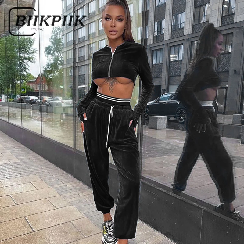 

BIIKPIIK Basic Solid Velvet Two Piece Sets Zip Up Full Sleeve Crop Top+High Waist Pants Suits Casual Streetwear Women Oufits Hot