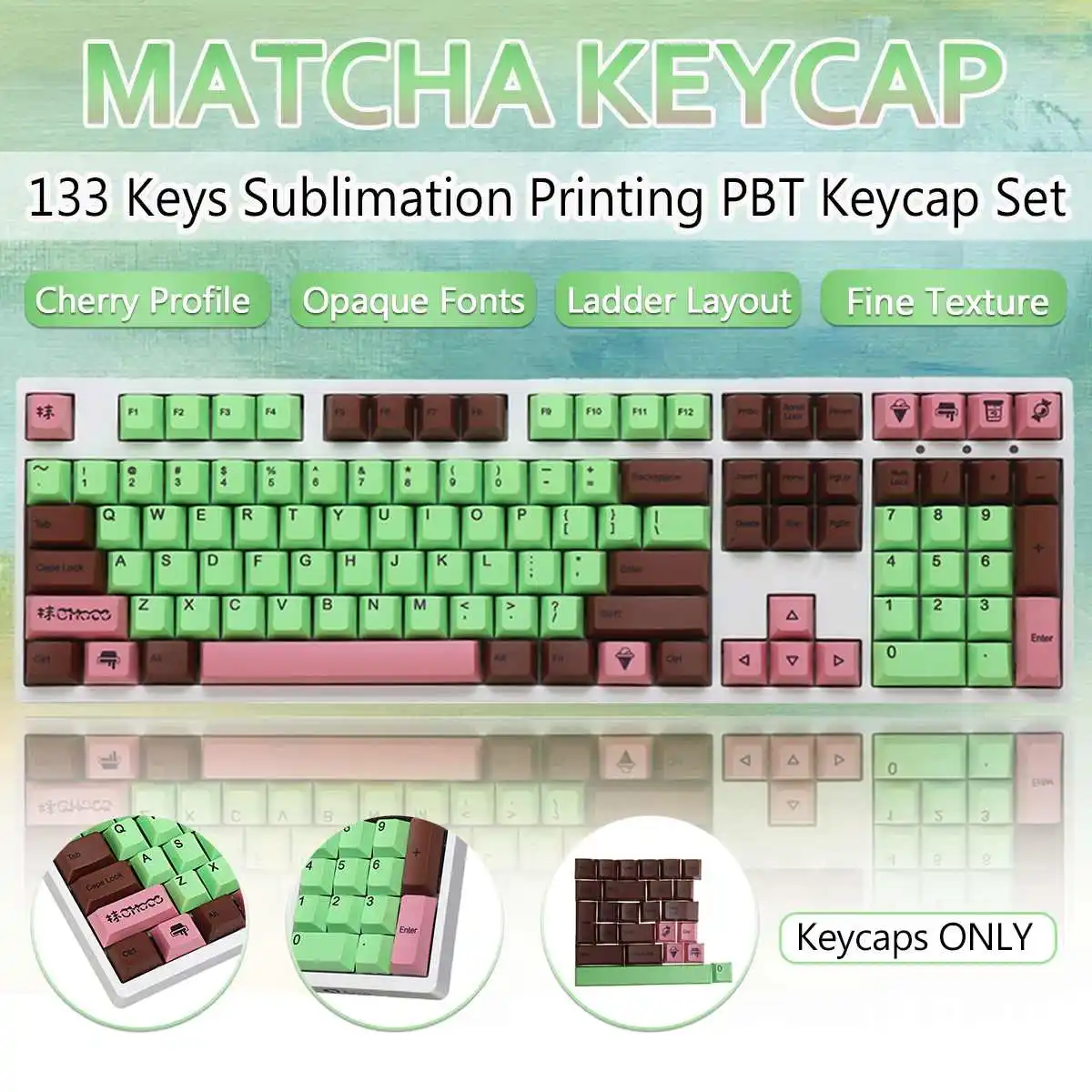 

133 Keys Matcha Keycap Set Cherry Profile PBT Sublimation Keyboard Keycaps for 61/68/84/87/96/104/108 Keys Mechanical Keyboards