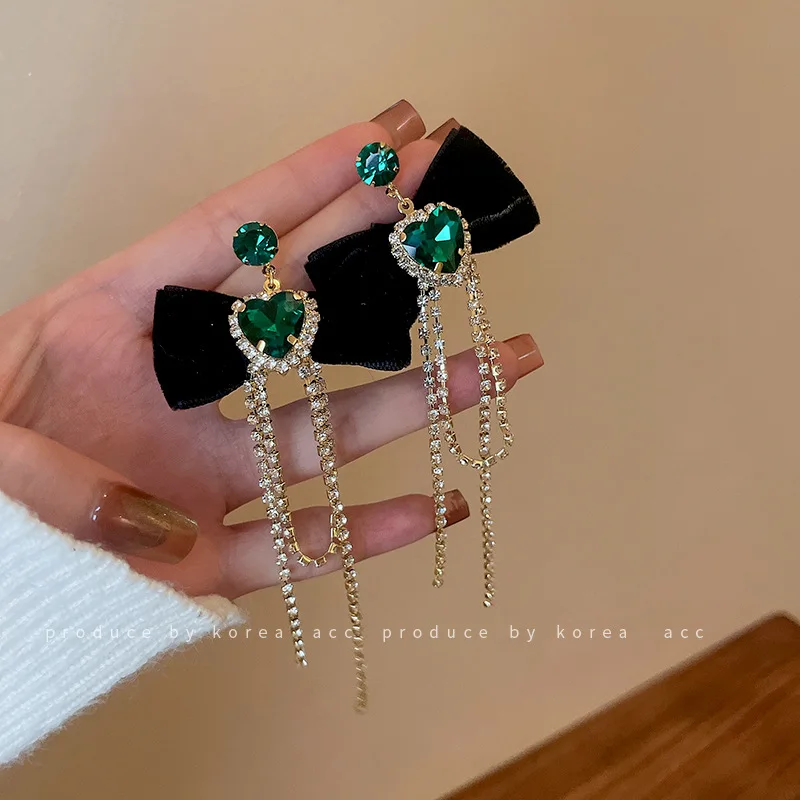 

Korean Trendy Black Bowknot Square Crystal Drop Earrings For Women Elegant Pearl Heart Jewelry Gifts