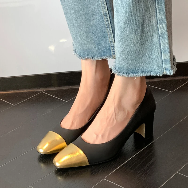 Round head spring sheepskin patchwork simple women's shoes with square heel and rib soles women shoes