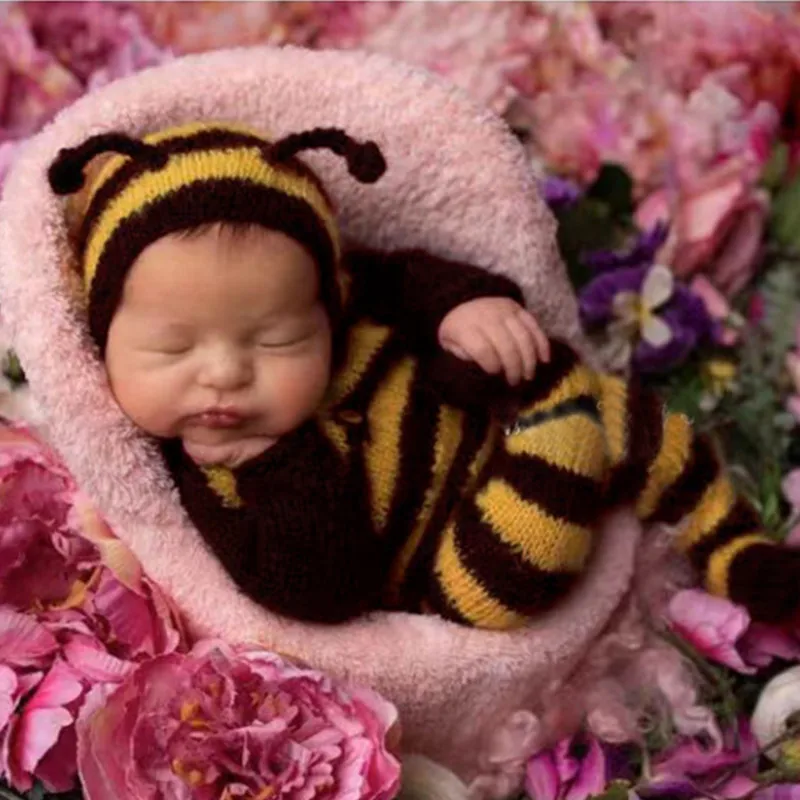 Newborn Photography Mohair Knitted Bee Clothing Hat+Jumpsuits 2Pcs/set Studio Baby Photo Props Accessories Shoot Clothes Outfits