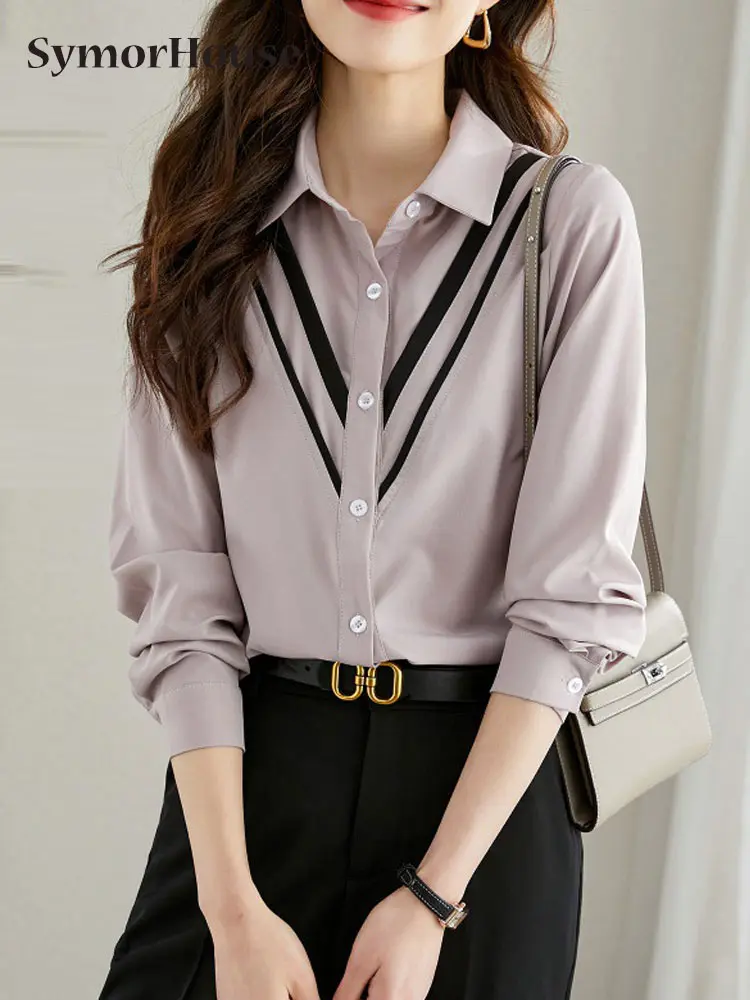 

New Spring Autumn Women Vintage Color Contrast Ladies Tops Long Sleeve Casual Chiffon Blouse Female Work Office Shirts