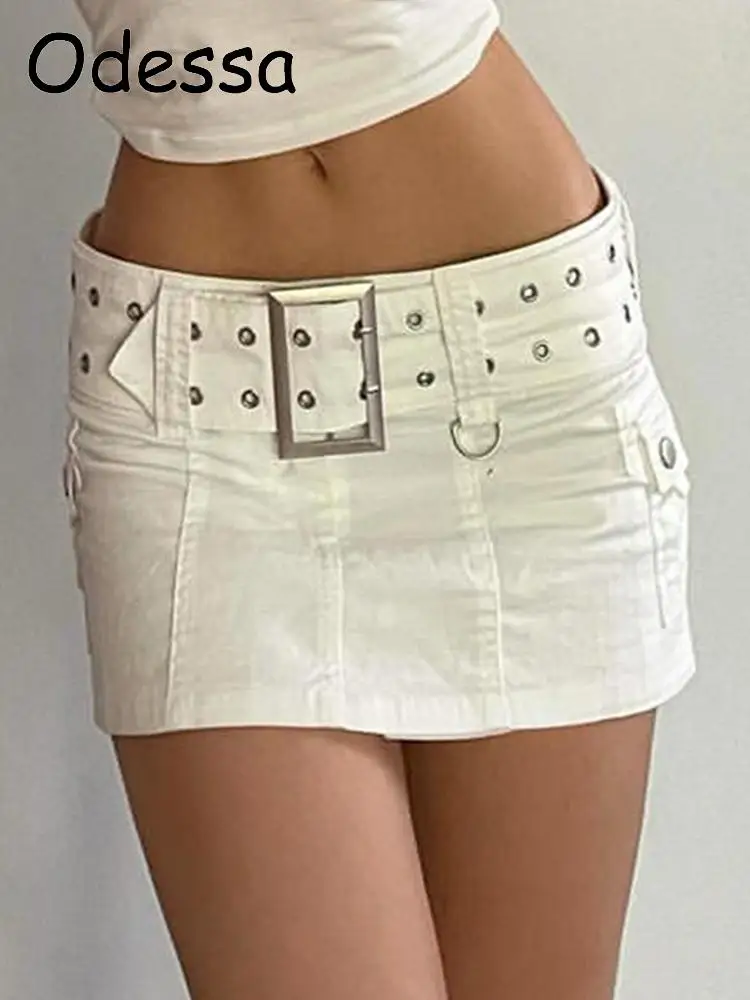 

Odessa Y2K Aesthetics Basic Belted Low Waist Micro Skirts Women Fashion 90s Pockets Denim Skirt Cute Bottoms 2022 Summer Culb