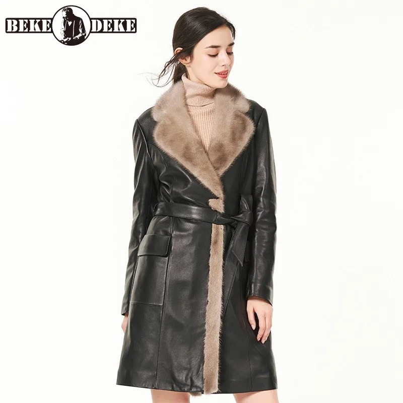 

Luxury Winter Women Long Overcoat Belted Real Mink Fur Collar Down Jacket Slim Fit Coat Ladies Sheepskin Genuine Leather Jacket