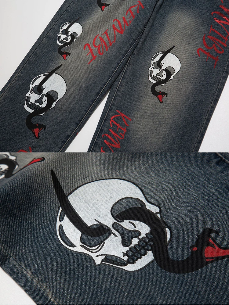 Four Seasons American Trend Street Skull Print Old Jeans Hip Hop Retro Loose Straight Trousers Men Streetwear Ins Hot Sale JEANS