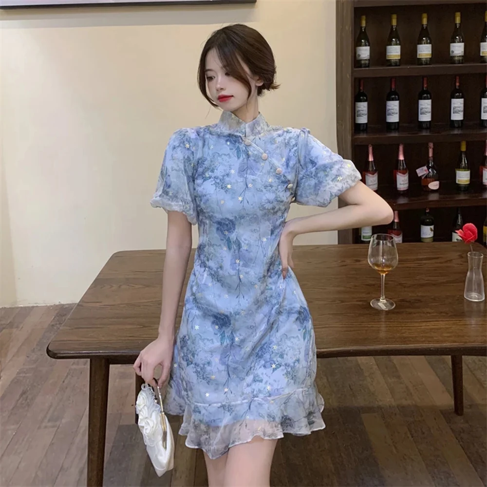 

2022 Chiffon Pearl Button Slim Cheongsam Dress Retro Girl Modern Mini Dress Women Elegant Fashion Ladies Qipao Clothes