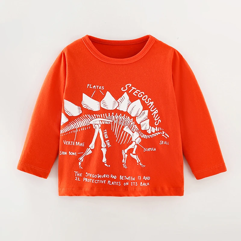 T Shirt Boy Clothing Long Sleeve Orange Dinosaur Spring Autumn Casual Tee Tops  For Baby Toddlers