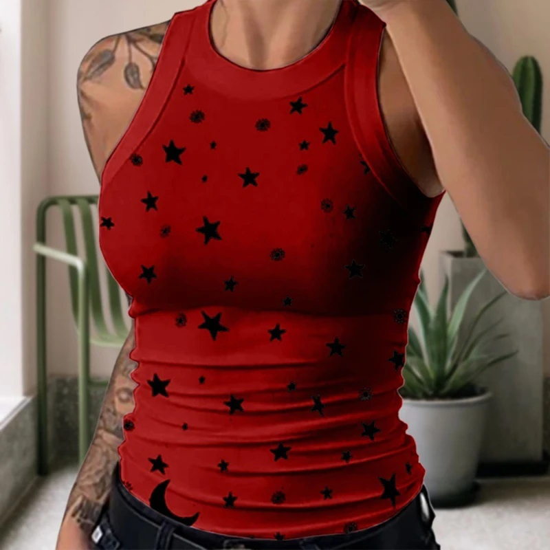 

New Women Solid Casual Tank Fashion Summer Vest Stars Print Sleeveless Top Comfortable Round Neck T-Shirt Slim Fit