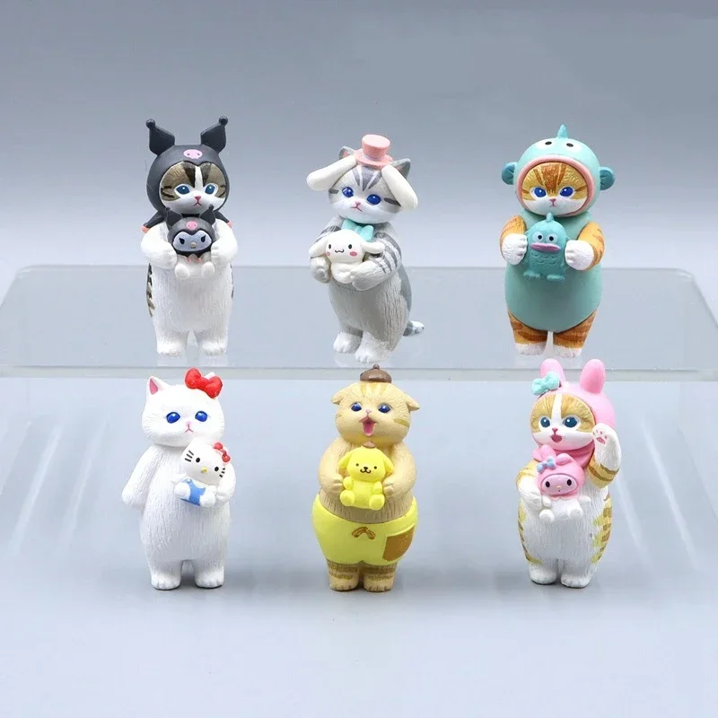 Mofusand X Sanrio Mini Kawaii rysunek 6 sztuk/partia rekin kot trzymaj na Kuromi Hello Kitty Hangyodon model zwierzęcia prezenty