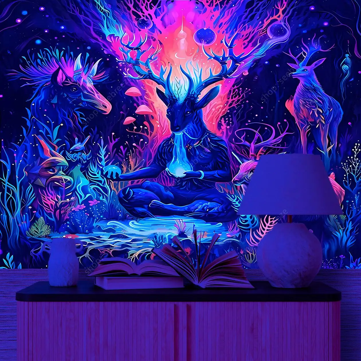 Зачарованный лес мистический олень УФ-реактивный гобелен яркие цвета настенное