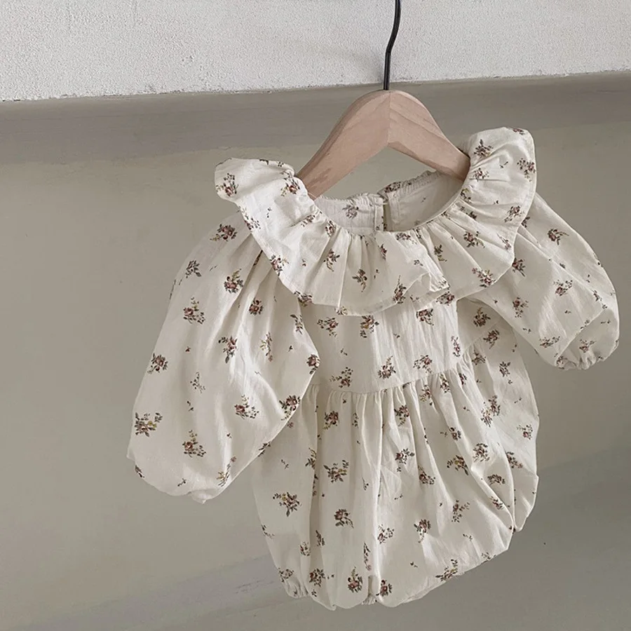 2022 Spring New Baby Girl Long Sleeve Bodysuit Cute Little Girl Ruffle Collar Floral Jumpsuit Princess Baby Girls Party Clothes