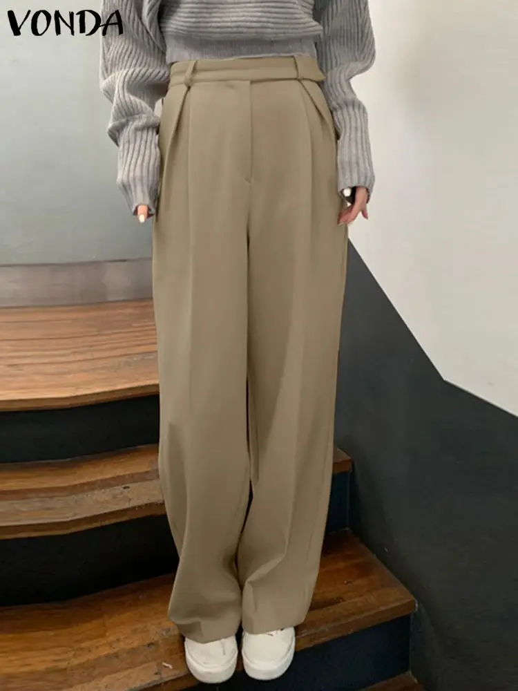 

Модные стильные модные прямые брюки VONDA 2022 с карманами, Женские повседневные длинные брюки, однотонные женские брюки большого размера с выс...
