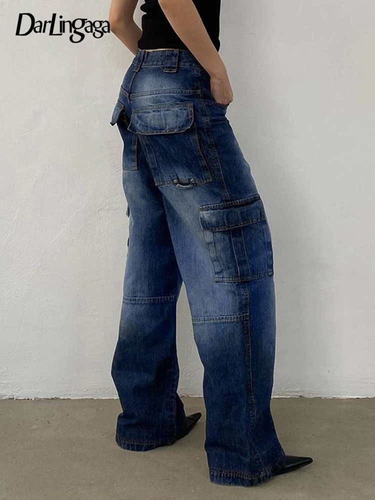 

Darlingaga Streetwear Multi Pockets Halo Dyeing Cago Jeans Female Basic Casual Low Waist Denim Pants Baggy Vintage Outfits Chic