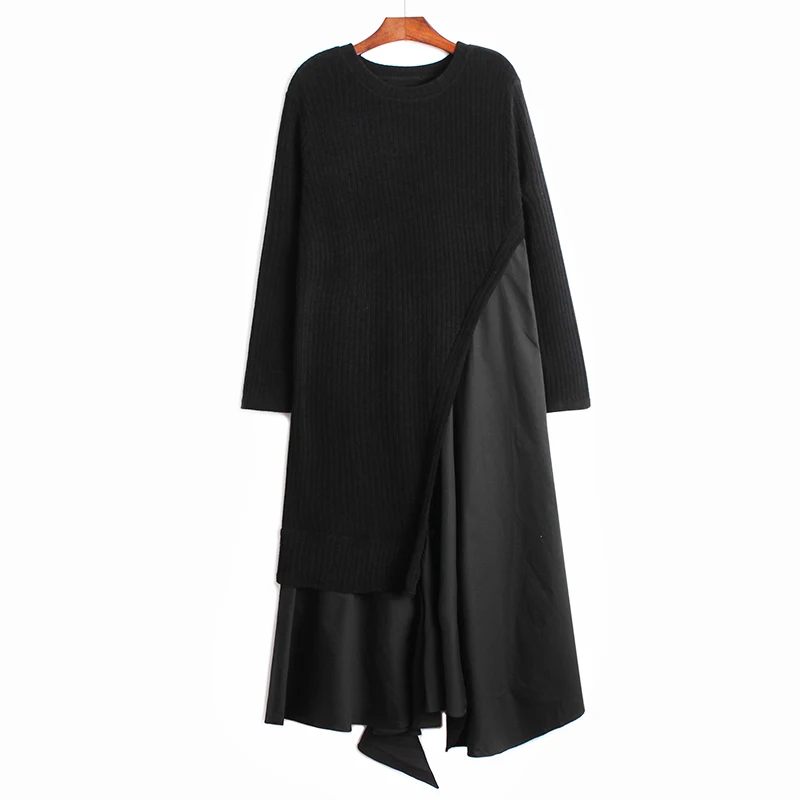

EVLOOKS Shirt Hem Stitching Knitted Dress Korean Autumn Winter Loose Irregular Chic Long Elegant Casual Maxi Robe Woman 2022
