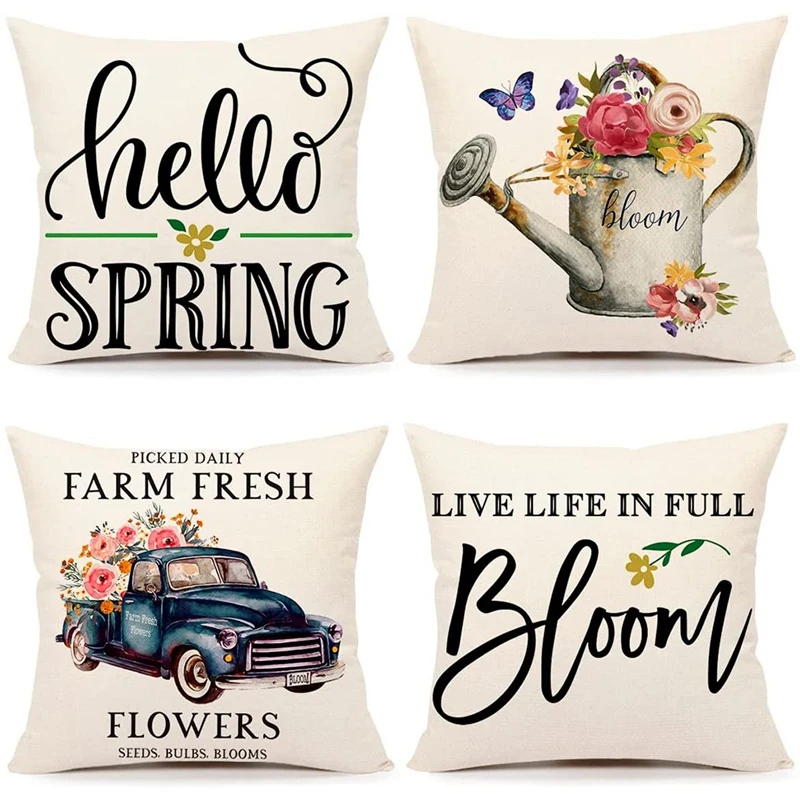 

PHFU-Spring Pillow Covers 18X18 Set Of 4 Farmhouse Decor Decorations Throw Cushion Case For Home Decorations