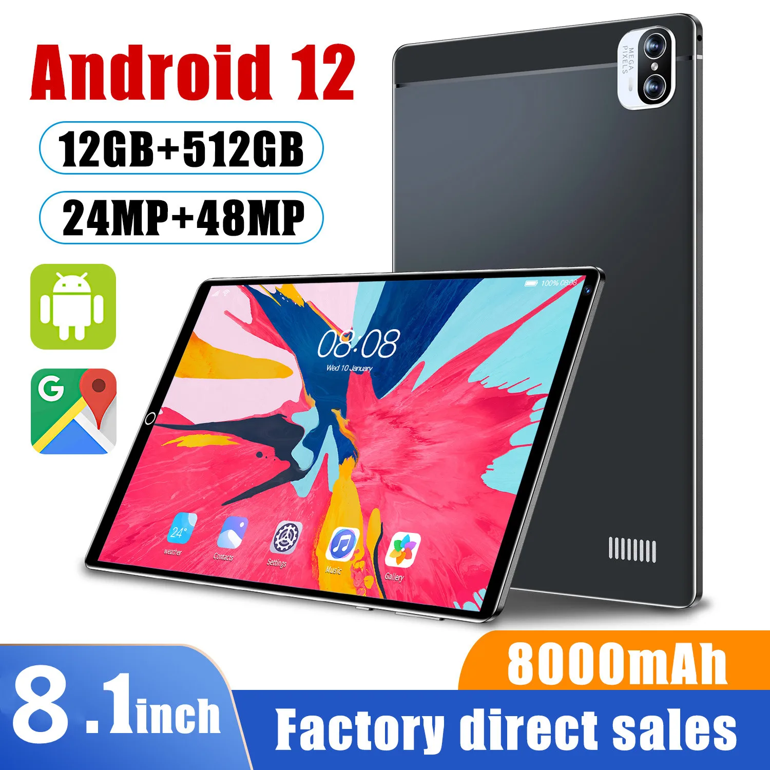 

8.1 inch X5 5g Android Tablet 12, 8000 MAH, 512 GB ROM, deca core, 12 GB ram, Google play Kantor global pad, dual sim card,