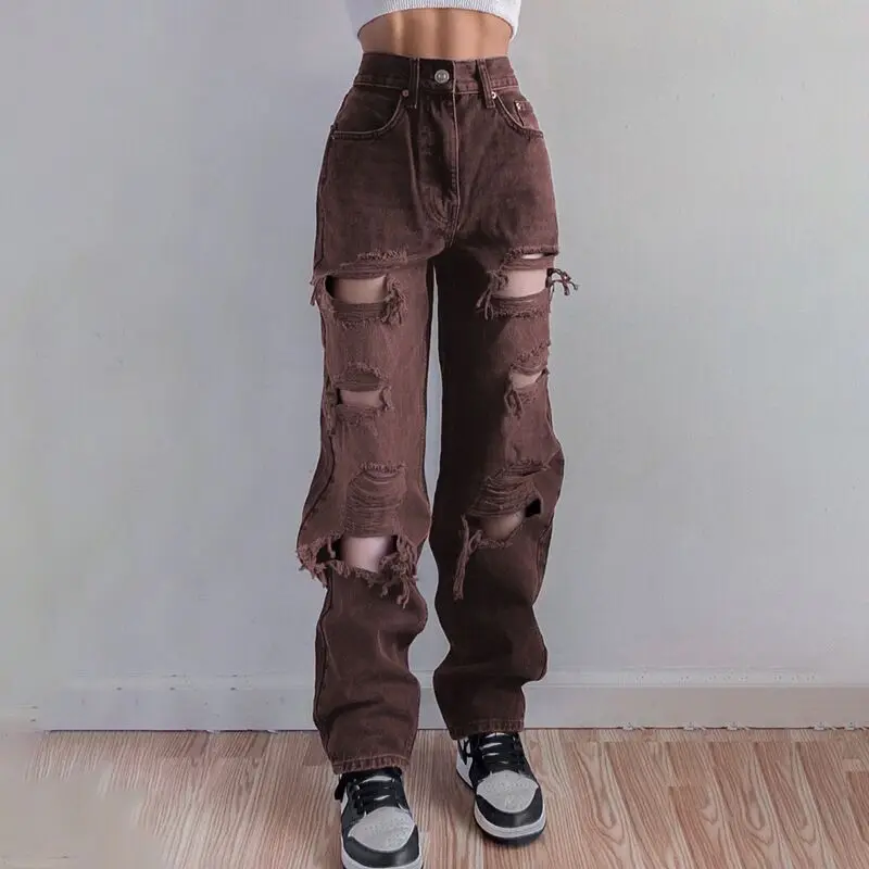 Women's Jeans Brown Ripped High Waist Vintage Clothes y2k Fashion Straight Denim Pants Streetwear Hole Hip Hop Trousers