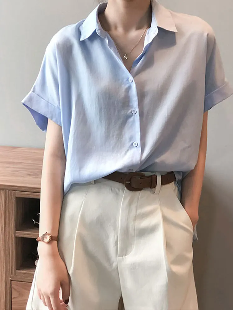 

Womens Summer Korean Linen Shirts Office Ladies Tops Short Sleeve Asymmetric Shirt Female Single-Breasted Fashion Solid 2022 New