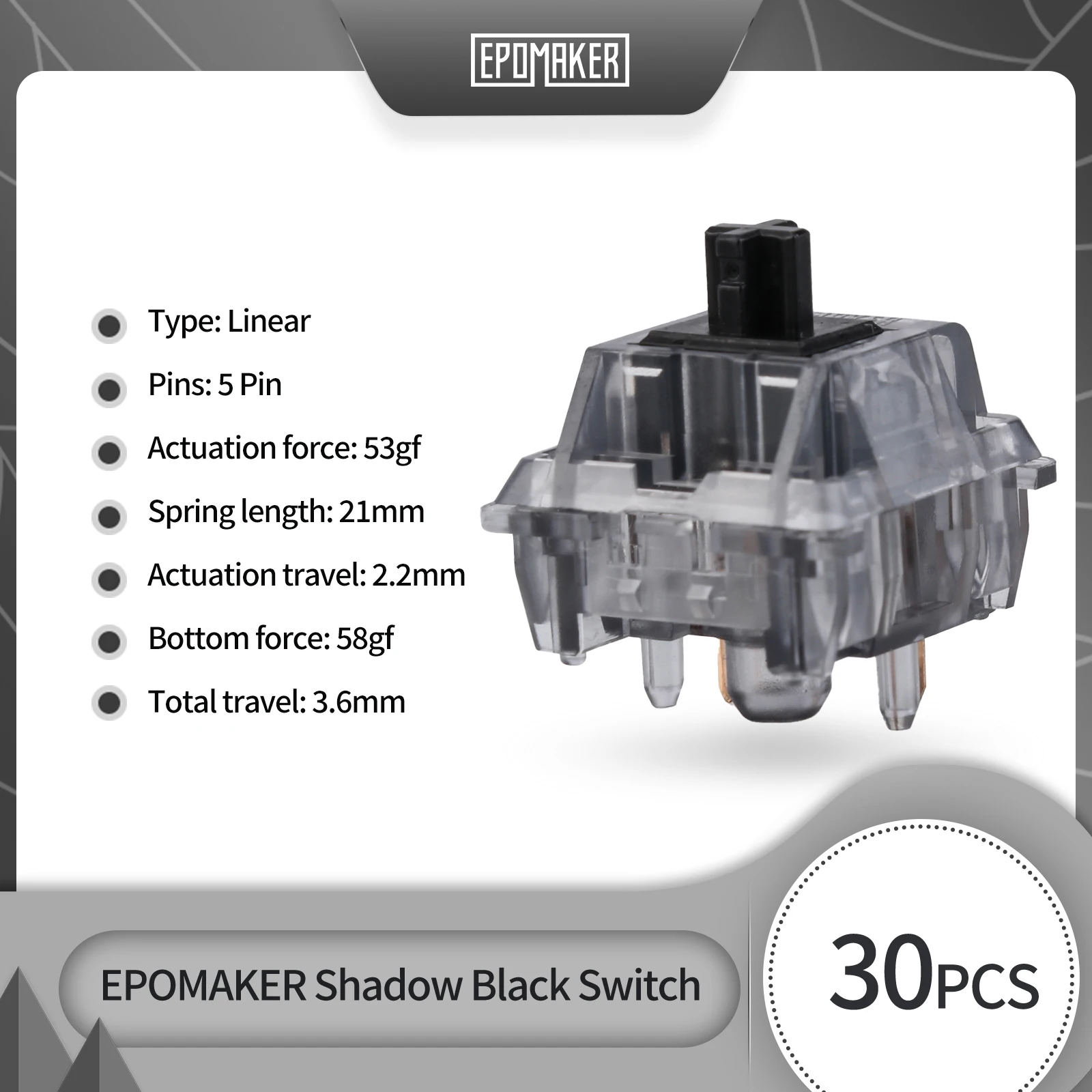 EPOMAKER Shadow Black 53gf, линейный 3-контактный механический переключатель клавиатуры, набор с стержнем POM для игровой клавиатуры DIY, 30 шт.