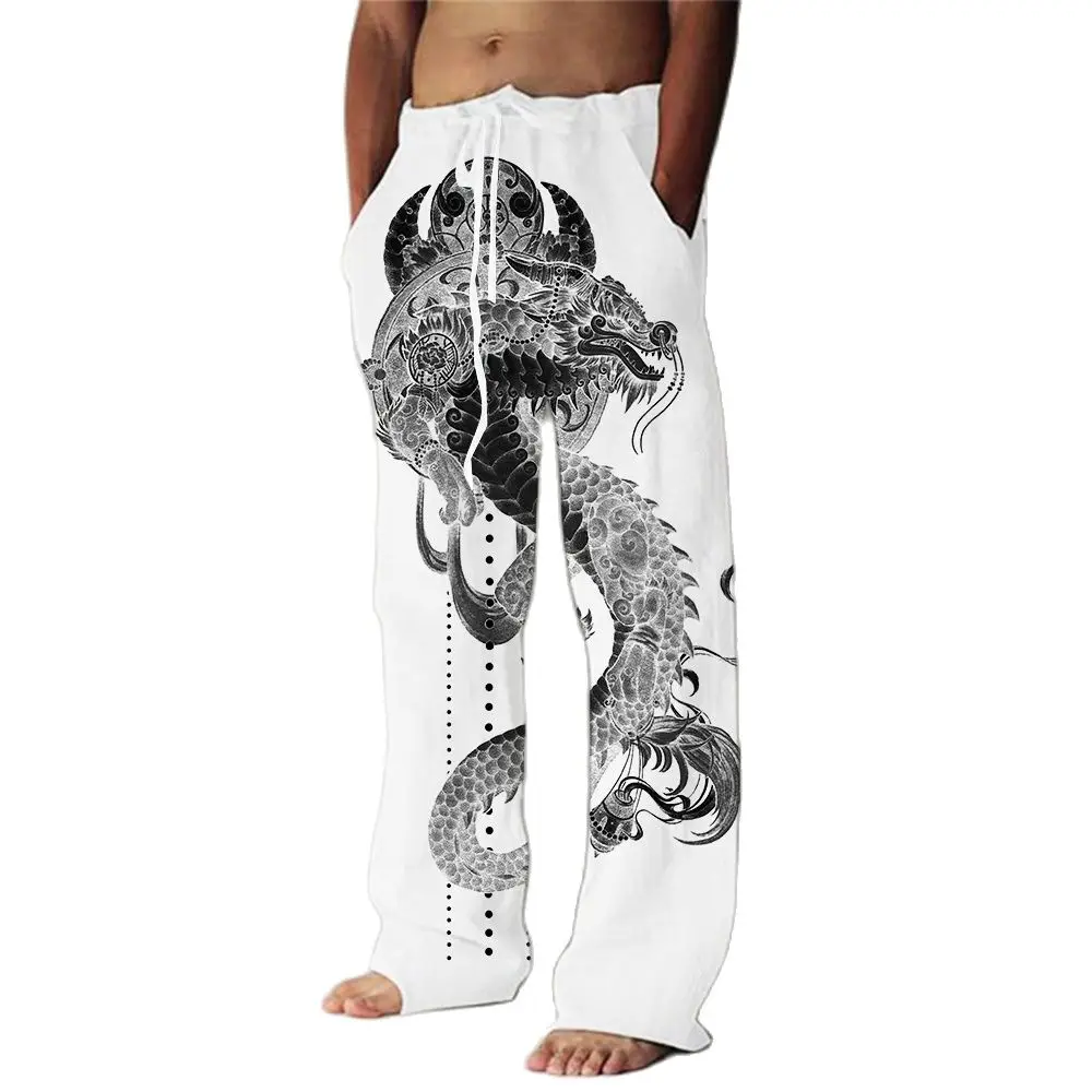 New Men's Cotton Linen Pants Casual Dragon Print Trousers Pocket Drawstring Sweatpants Daily Simple Loose Pantalones Hombre