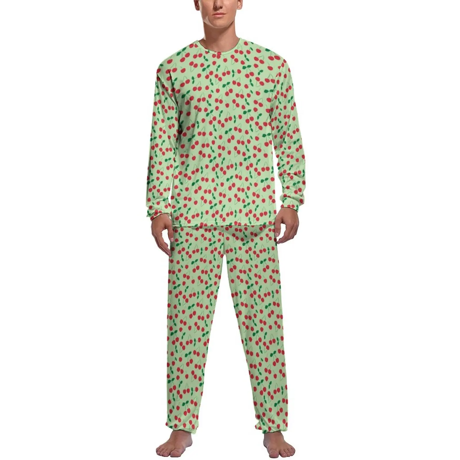 Cute Cherry Print Pajamas Spring Retro Fruit Night Sleepwear Man 2 Pieces Graphic Long Sleeves Kawaii Pajama Sets