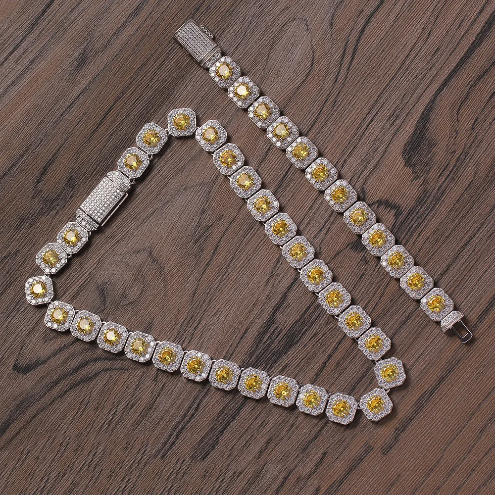 

12mm Tennis Chain baguette Bracelet Necklace Bling Yellow zirconia Men's HipHop Jewelry Sets Silver Color Iced Out Box Clasp