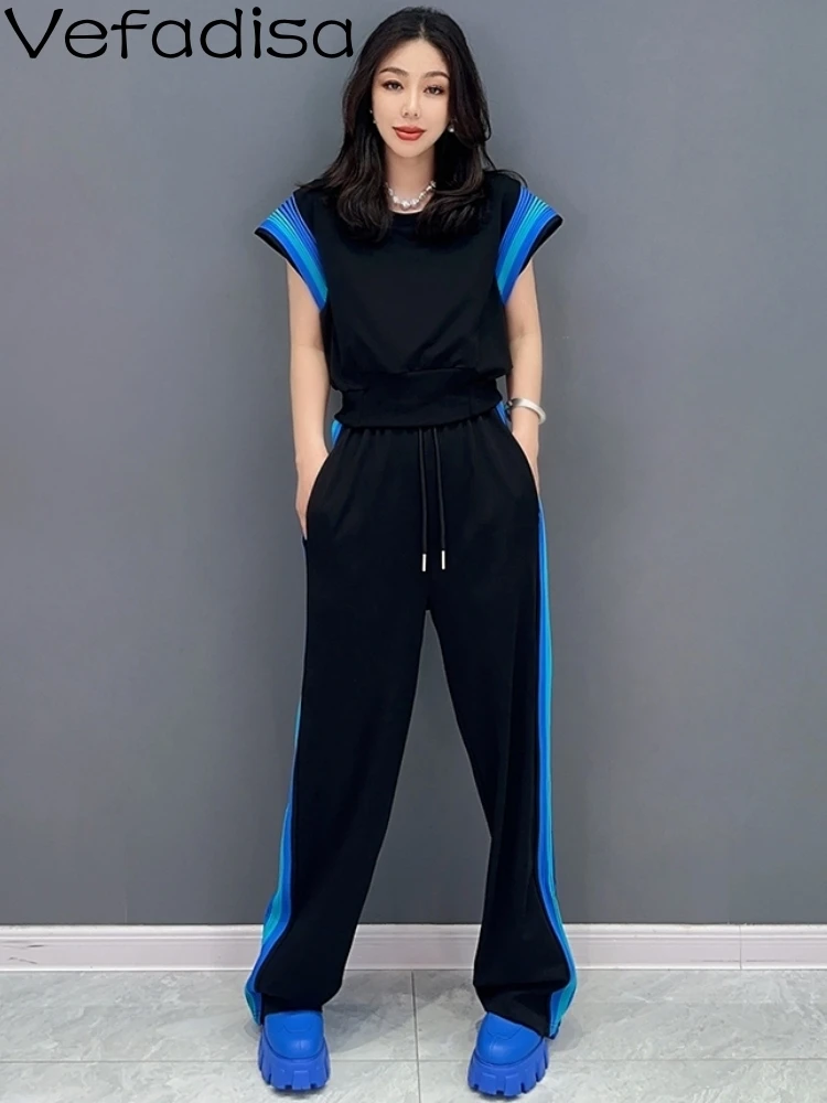 

Vefadisa 2023 Summer Women Two Piece Set T-shirt Top Casual Straight Trouser Set Fashion Girl Black Pants Matching Suit ZY869