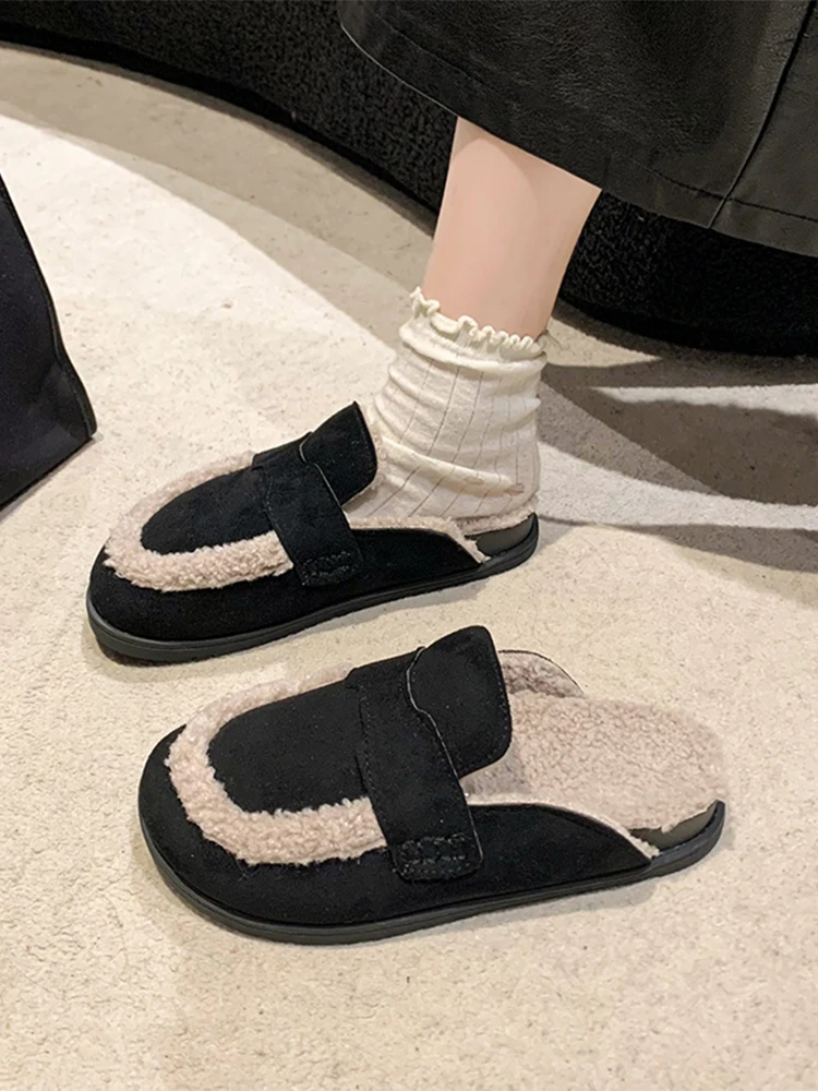 Обувь Тапочки Плоские средние шлепанцы с закрытым носком Платформа Меховые Флок