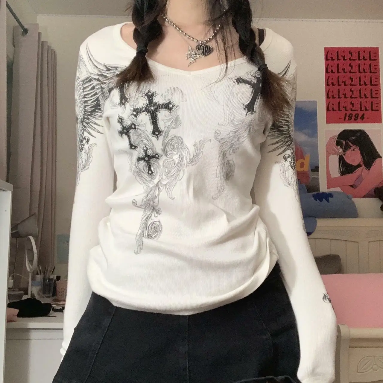

Lairauiy Women Y2K Long Sleeve Cross Wings Print Tee Sexy Patchwork Deep Shallow V Neck Basic Slim Fit Versatile ops Streewear