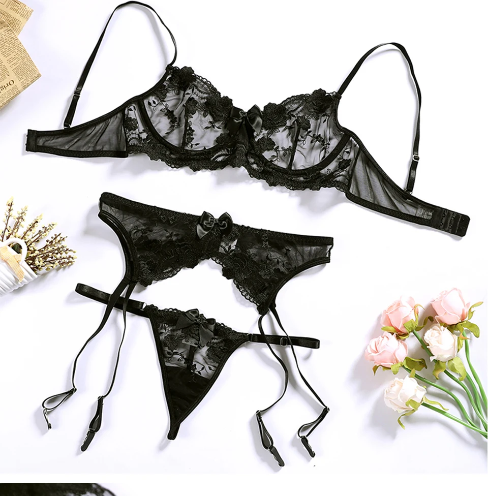 

Черное нижнее белье, Женский комплект нижнего белья, сетчатый кружевной прозрачный бюстгальтер, сексуальный комплект нижнего белья из 3 предметов, сексуальный комплект эротического бюстгальтера и трусиков