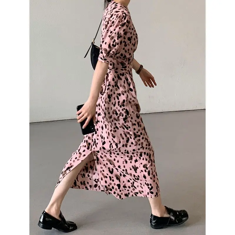 

Женское шифоновое платье с коротким рукавом, винтажное облегающее платье леопардовой расцветки с О-образным вырезом, модель A11 на лето