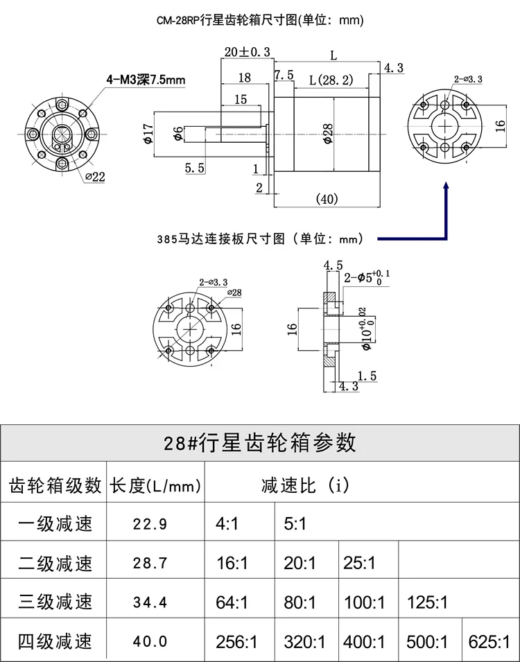 Прецизионный планетарный редуктор 28 мм может быть оснащен электродвигателем