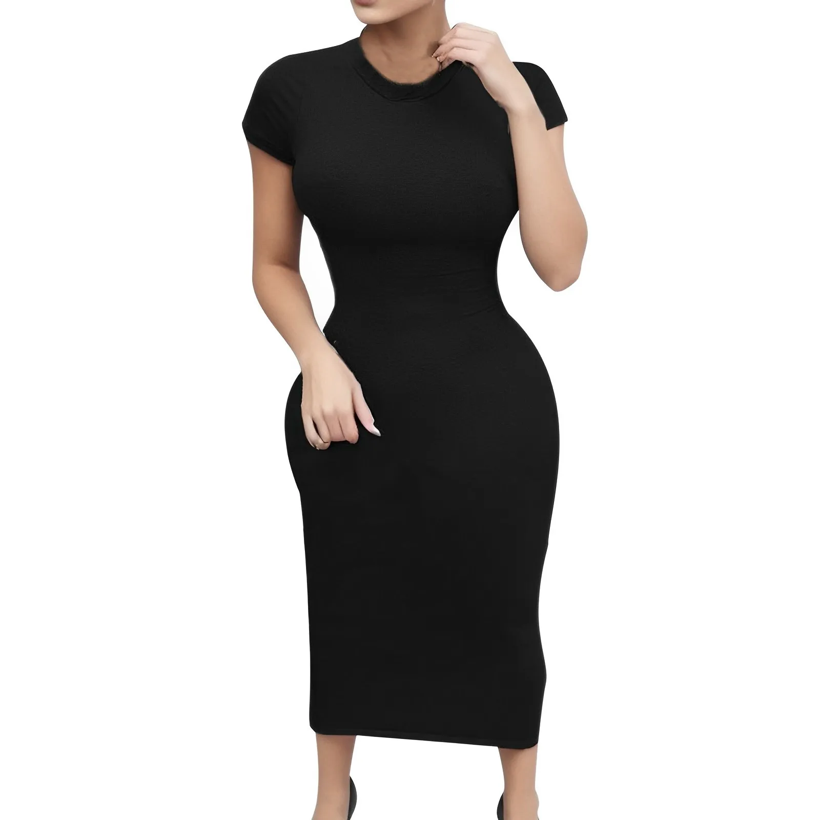 

Elegant Women's Fashion Sexy Solid Color Bodycon Round Neck Short Sleeve Casual Long Dress Belle Sleeve Dresses for Women