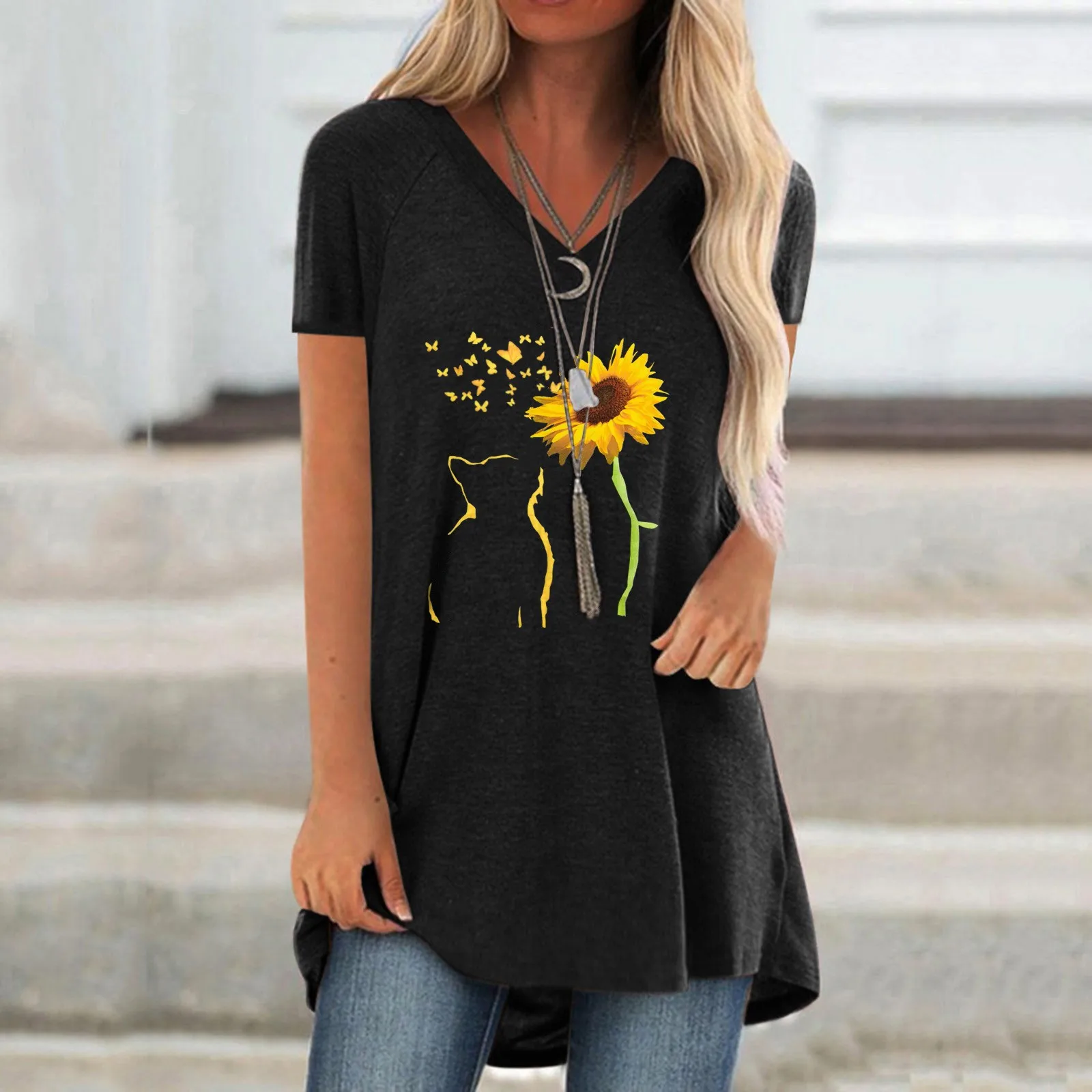 

Women Casual Printing V-Neck Short Sleeve Long T-shirt Blouse Top Soft Women Tops Tropical Print Shirts