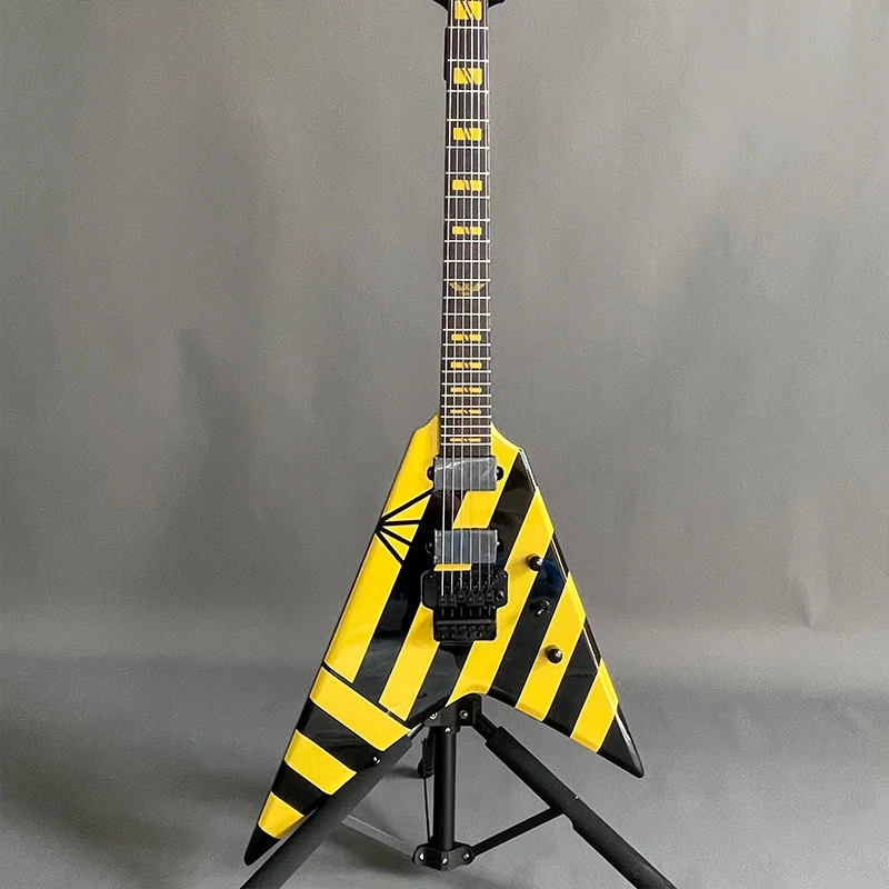 

New High Quality Electric Guitar 6 Strings Black Yellow Striped V Guitars Custom Rosewood Fingerboard Mahogany Body