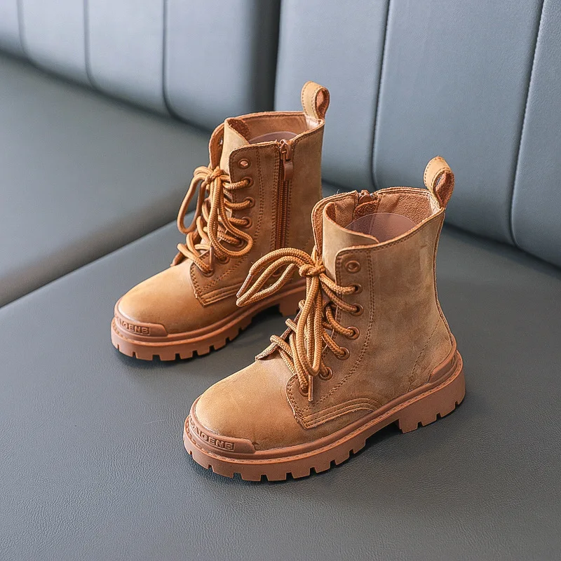 

New Children Boys Genuine Leather Martin Boots Girls Black Winter Short Plush Warm Shoes Kids Student Ankle Boots Baby 041
