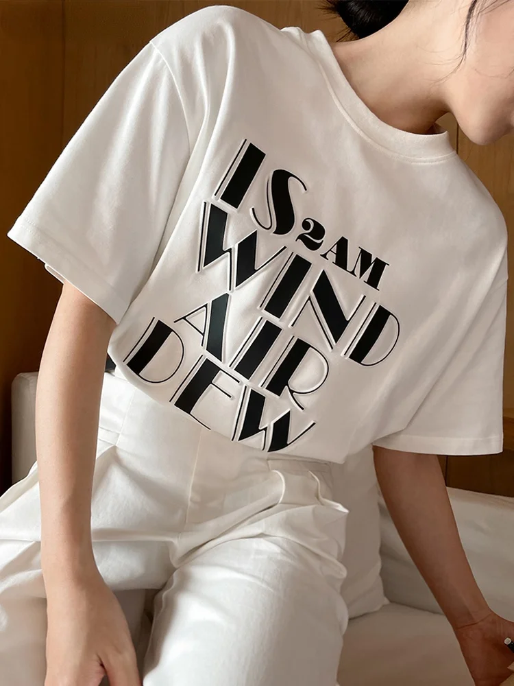 

Dinboa-2022 Neck Short Sleeve Three-dimensional Letter Women T-shirts 2022 Summer Loose Female Cotton Tees Casual Ladies Tops