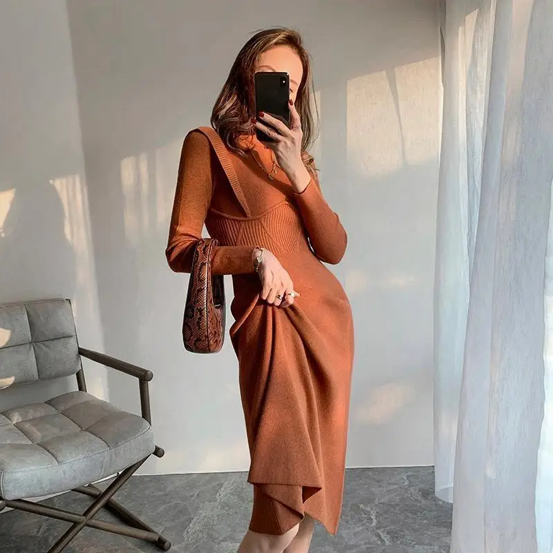 

Women Knit V Neck Warm Dress Female Pattern Slim Long Sleeve Autumn Close-Fitting Dresses Ladies Streetwear Bodycon Dresses G254