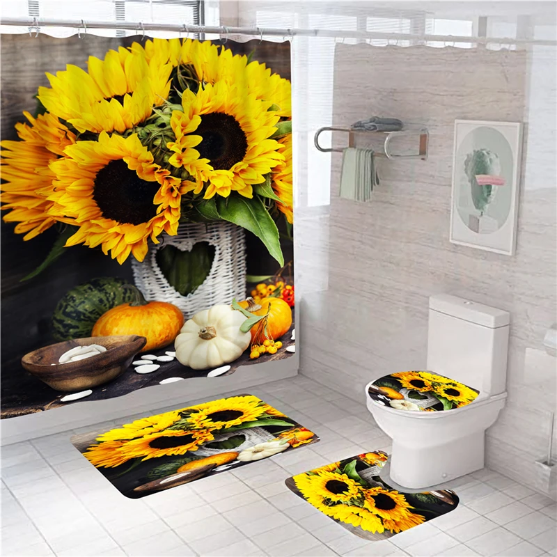 

Sunflower Print 3D Shower Curtain Waterproof Polyester Bathroom Curtain Anti-slip Bath Mat Set Toilet Rugs Carpet Home Decor