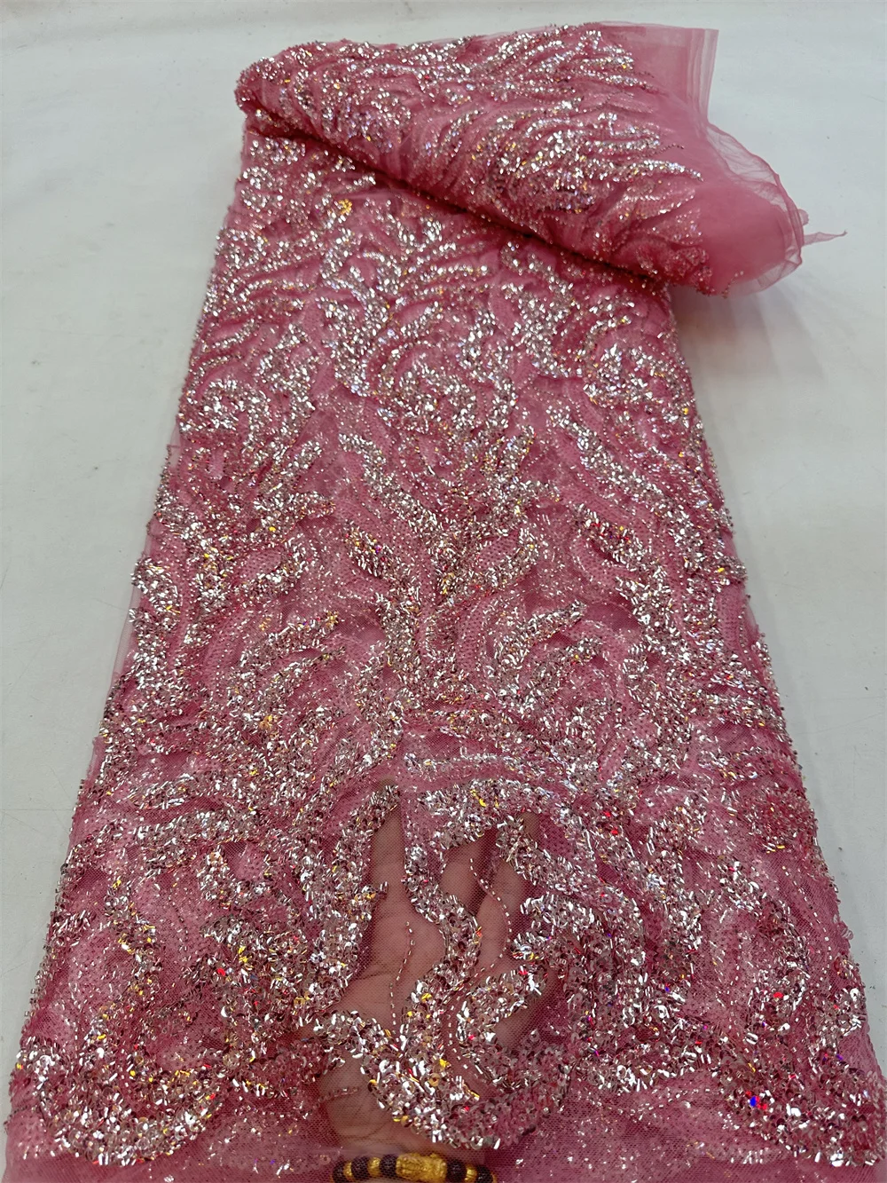 

African Handmade Heavy Beaded Fabrics Luxury Nigerian Sequins Mesh Lace Fabric French Tulle Handcut Lace For Wedding RF65K-1